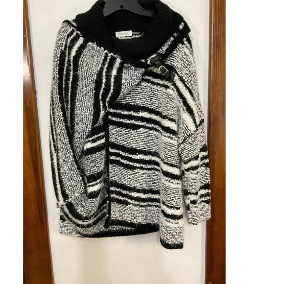 Calvin Klein Cowl Neck Sweater Womens L/XL Faux Wrap Black White Buckle Heavy - Picture 3 of 6